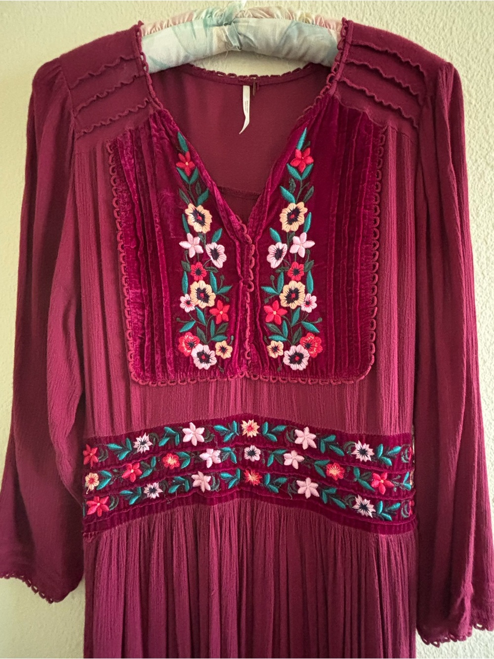 Free People Burgundy Long Sleeve Embroidered Maxi Dress